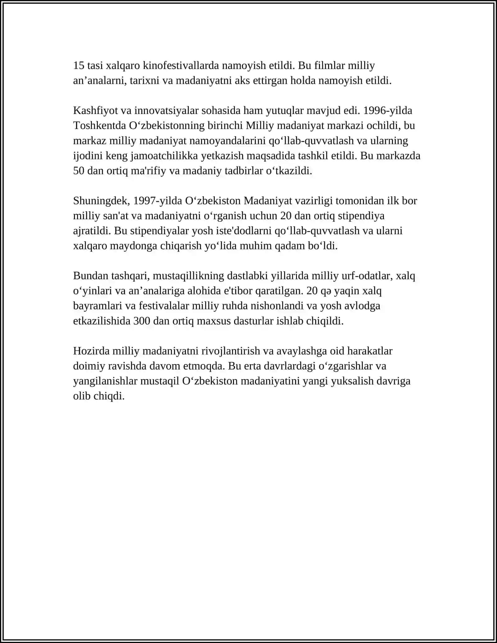 MUSTAQILIK YILARIDA OʻZBEKISTONDA MANAVIY VA MADANIY TARAQIYOT 4