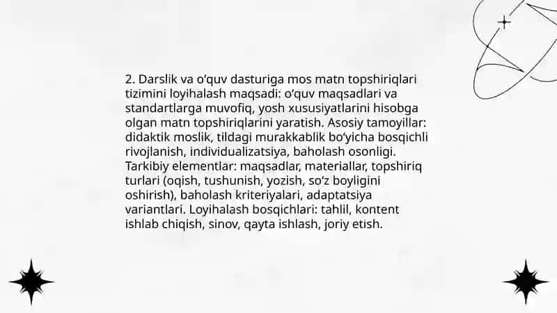 Boshlangʻich sinflar kesim8da matn ustida ishlash boʻyicha topshiriqlar tizimini ishlab chiqish 4