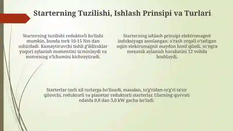 Avtomobil elektr mashinalari starter generator vaularning tahlili 4