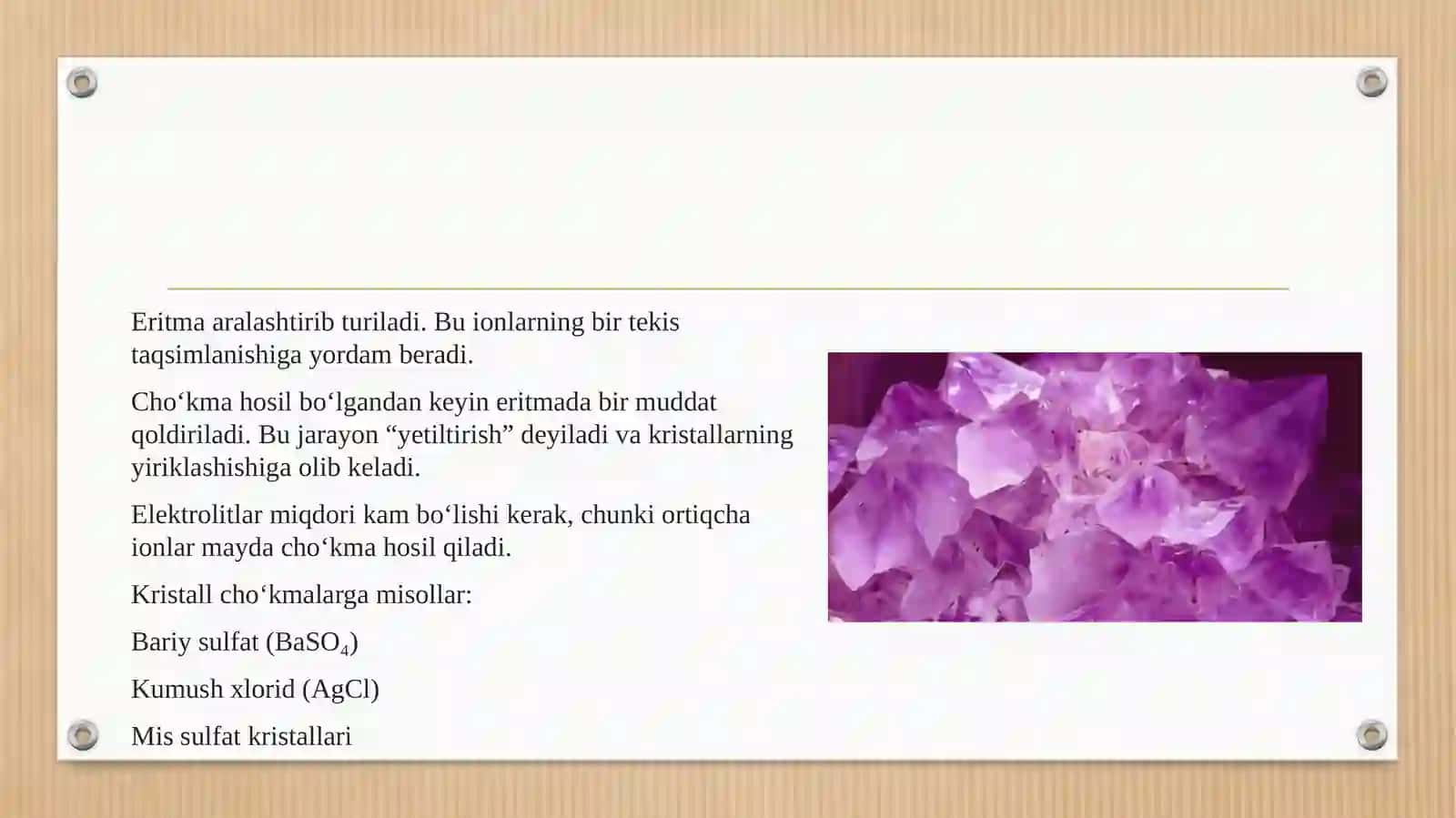 Kristall va amorf cho‘kma olish sharoitlar. 4