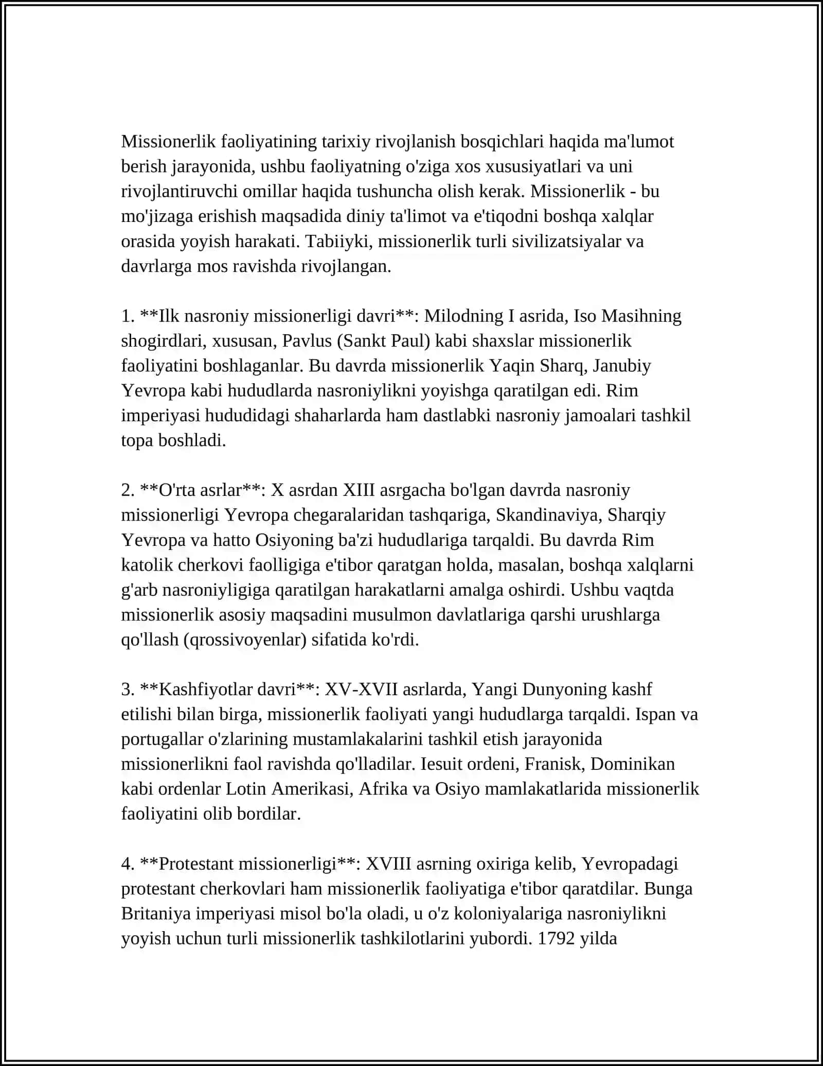 MISSIONERLIK VA PROZELITIZM TUSHUNCHASINING MOHIYATI VA RIVOJLANISH BOSQICHLARI. XALQARO MISSIONERLIK TASHKILOTLARI VA ULARNING TARG‘IBOT USULLARI 4