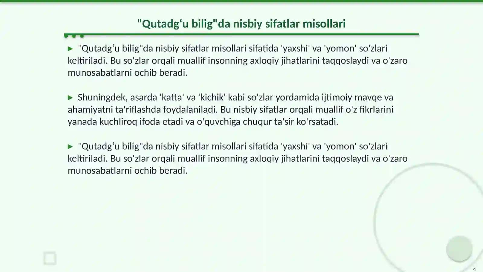 "Qutadgʻu bilig"dagi nisbiy sifatlar 4