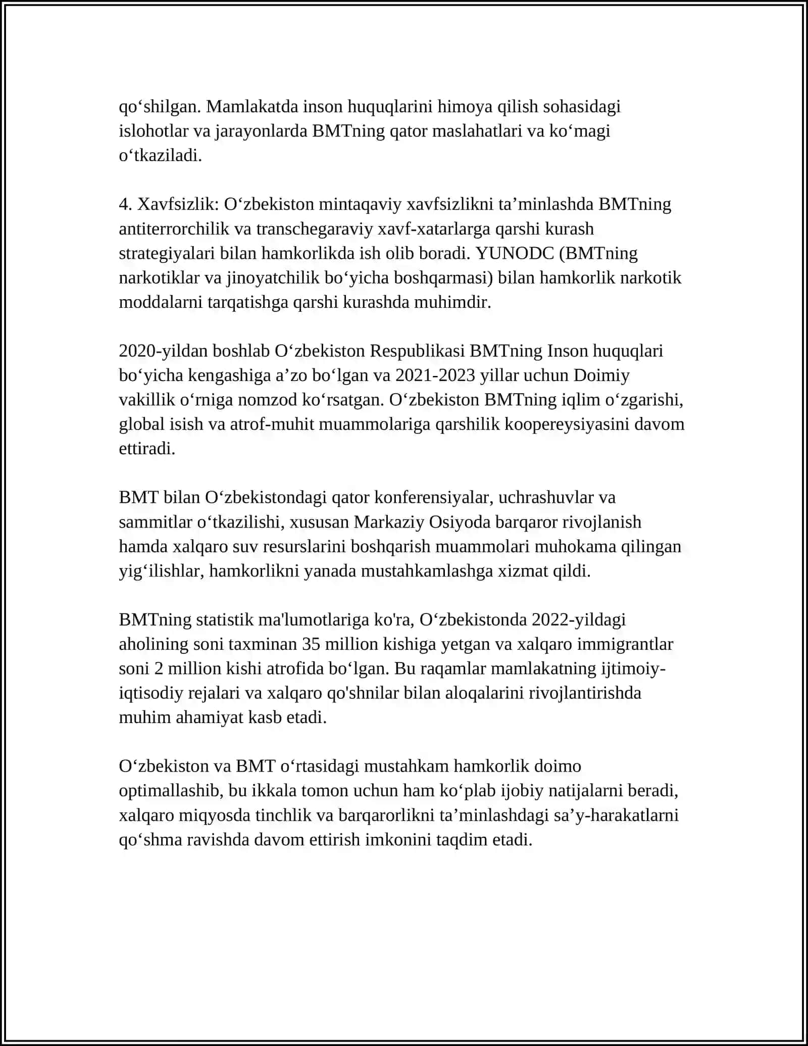 OʻZBEKISTONNING XALQARO TASHKILOTLAR BILAN HAMKORLIK ALOQALARI 4