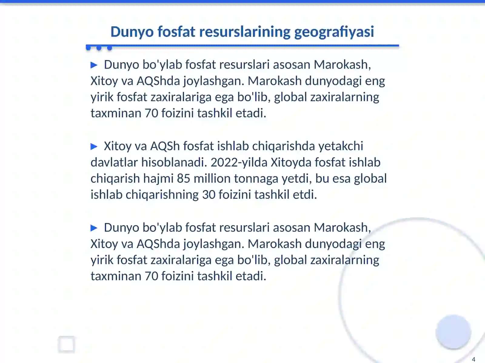 Fosfatlarning dunyo va respublikamizdagi ashyoviy resurslari 4