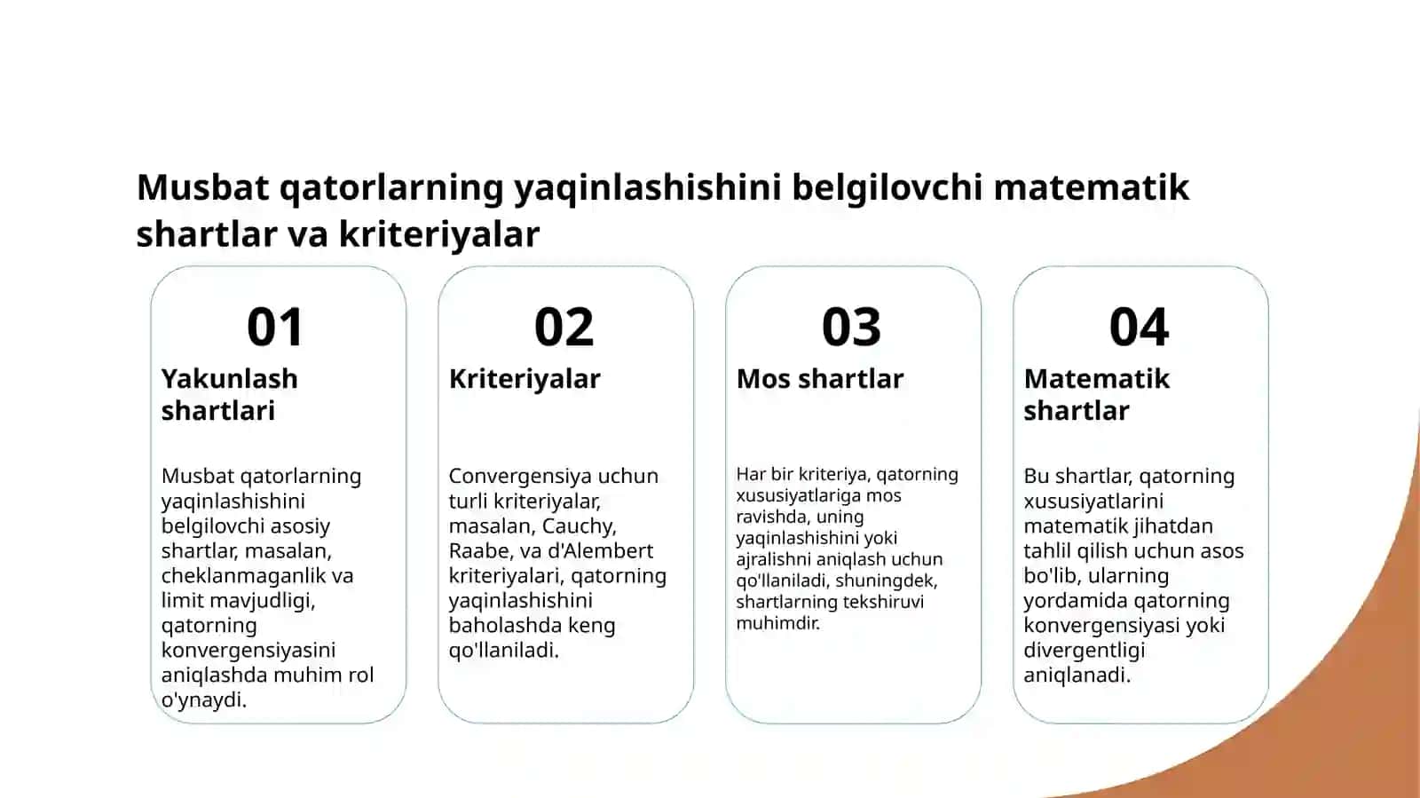 Sonli qatorlar.Musbat hadli qatorlarning yaqinlash alomatlari 4