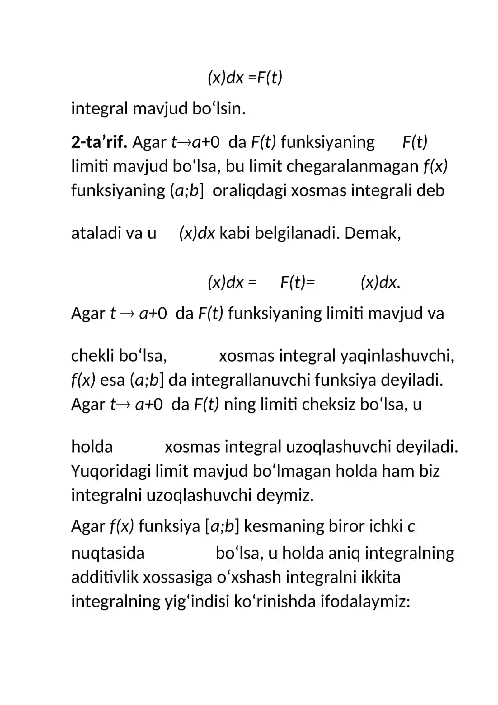 Chegaralanmagan funksiyaning xosmas integrali 4