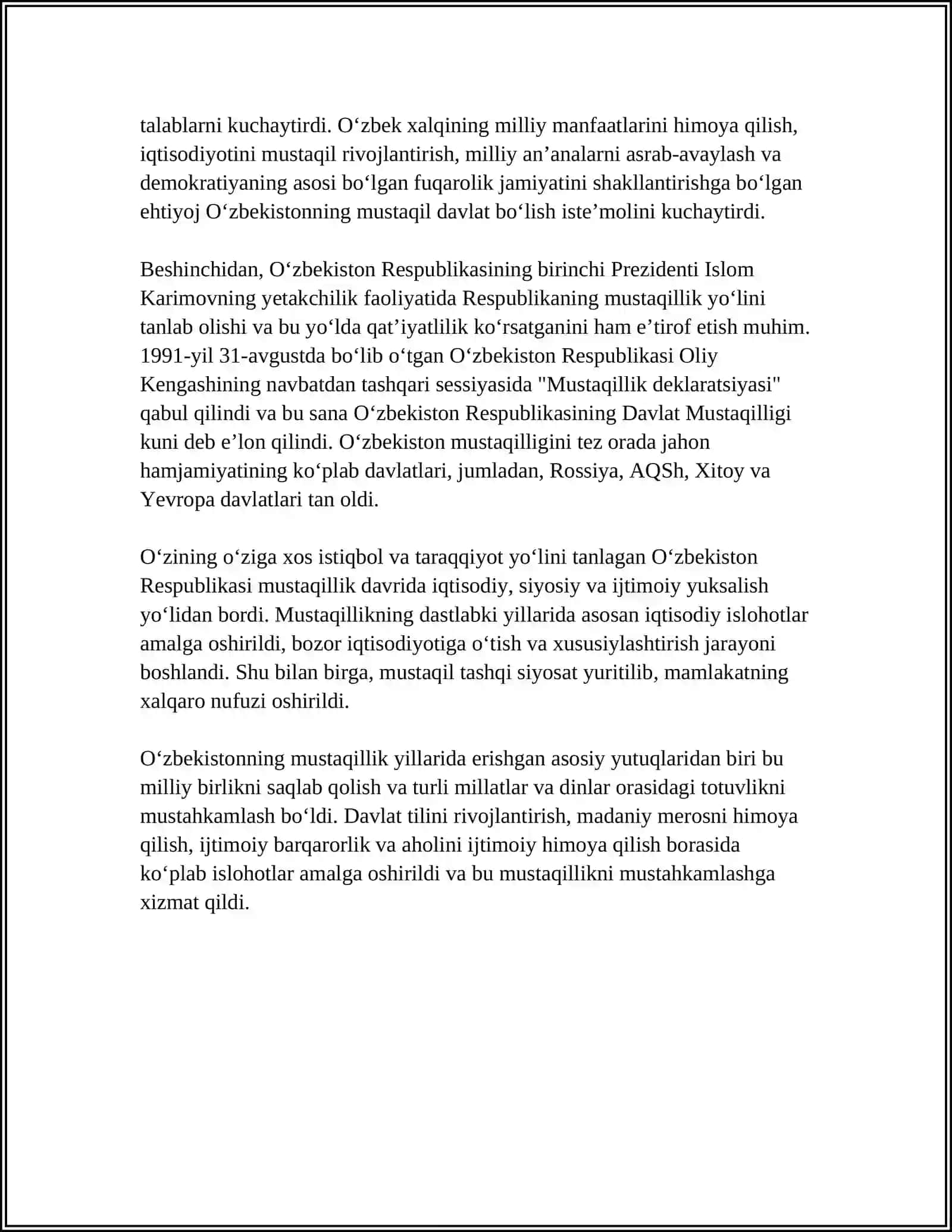 MUSTAQIL OʻZBEKISTON RESPUBLIKASI TASHKIL TOPISHINING TARIXIY AHAMIYATI 4