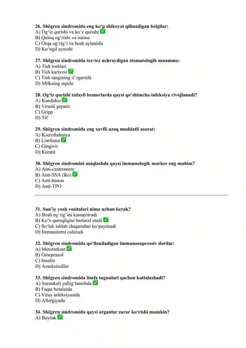 Shёgren sindromi bo‘yicha test savollari 4