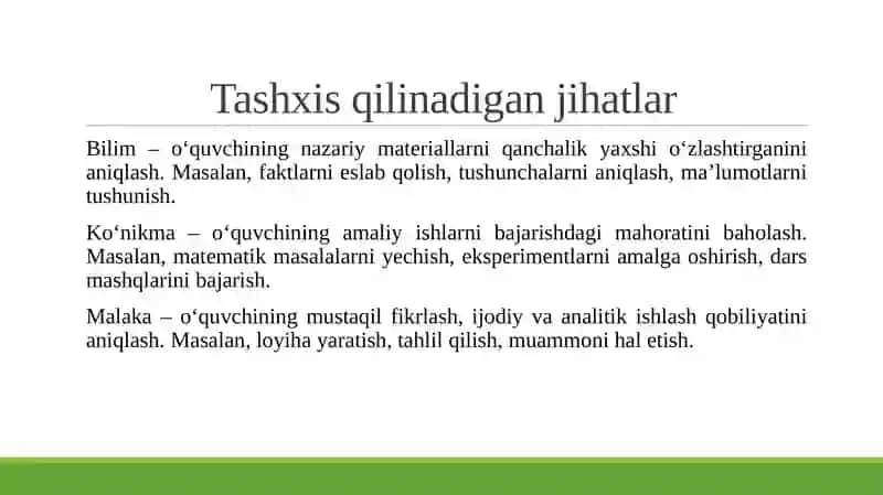 O‘quvchilarning bilim, ko'nikma va malakalarini tashxis etish. 4