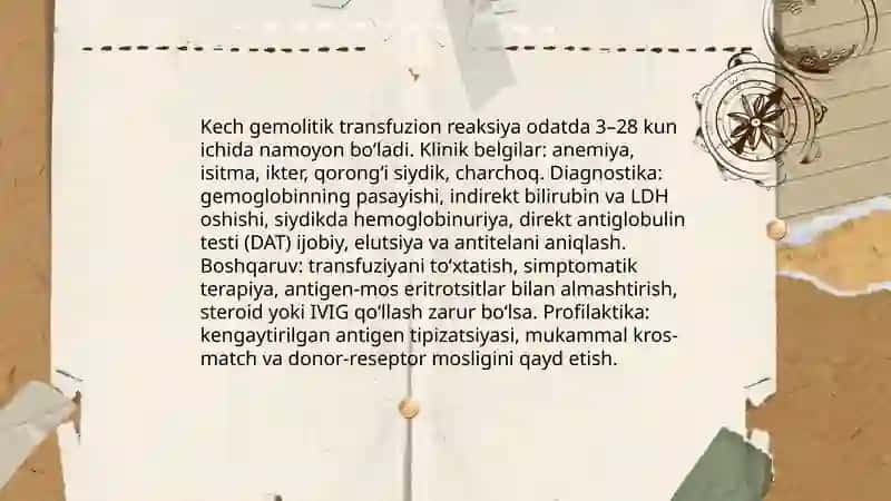 Transfuzialogiya asoratlari,ularni tashxislash, davolash va uni oldini olish usullari 4