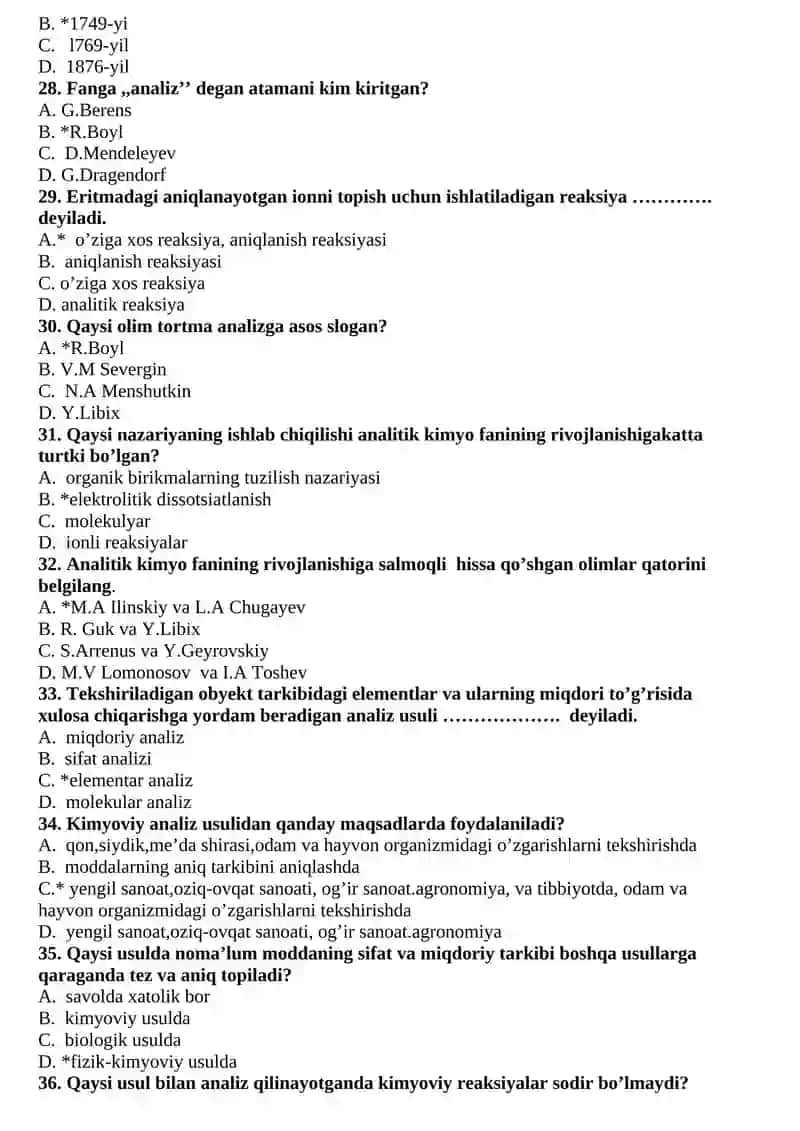 Kimyo fanidan test savollari 4