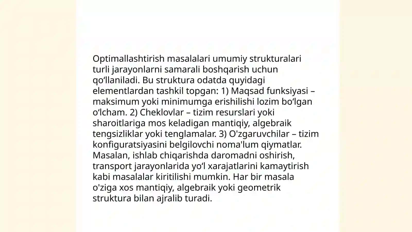 Optimallashtirish masalasining matematik tavsifi va uni MS Excel dasturida yechish 4