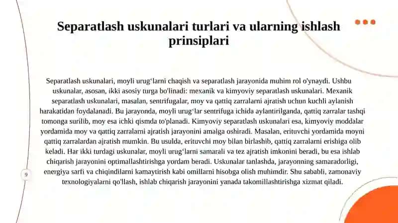 Moyli urugʻlarni chaqish va separatlash boʻlimlari va uskunalari 4
