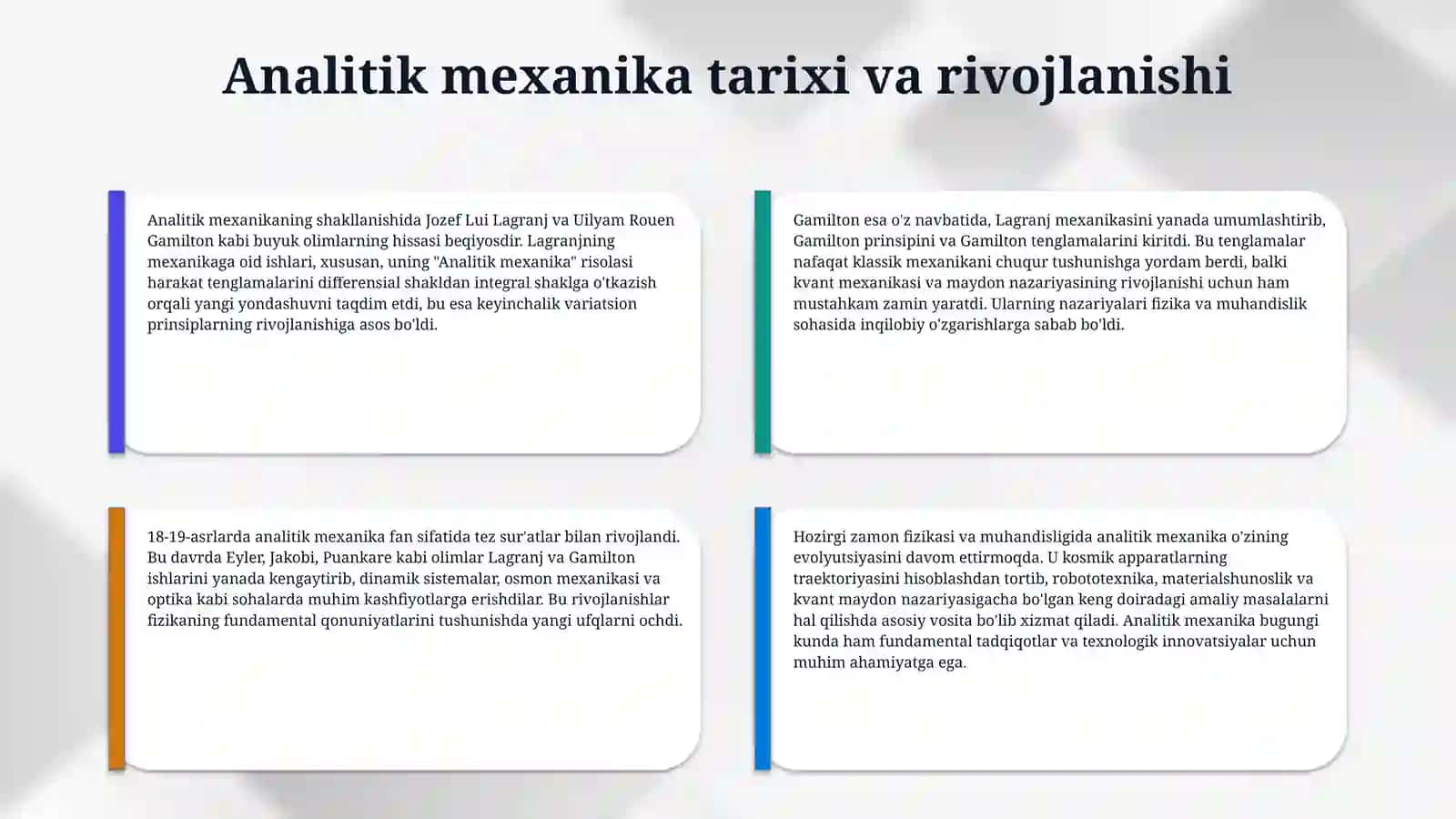 Analitik mexanika: Nazariya va amaliyot 4