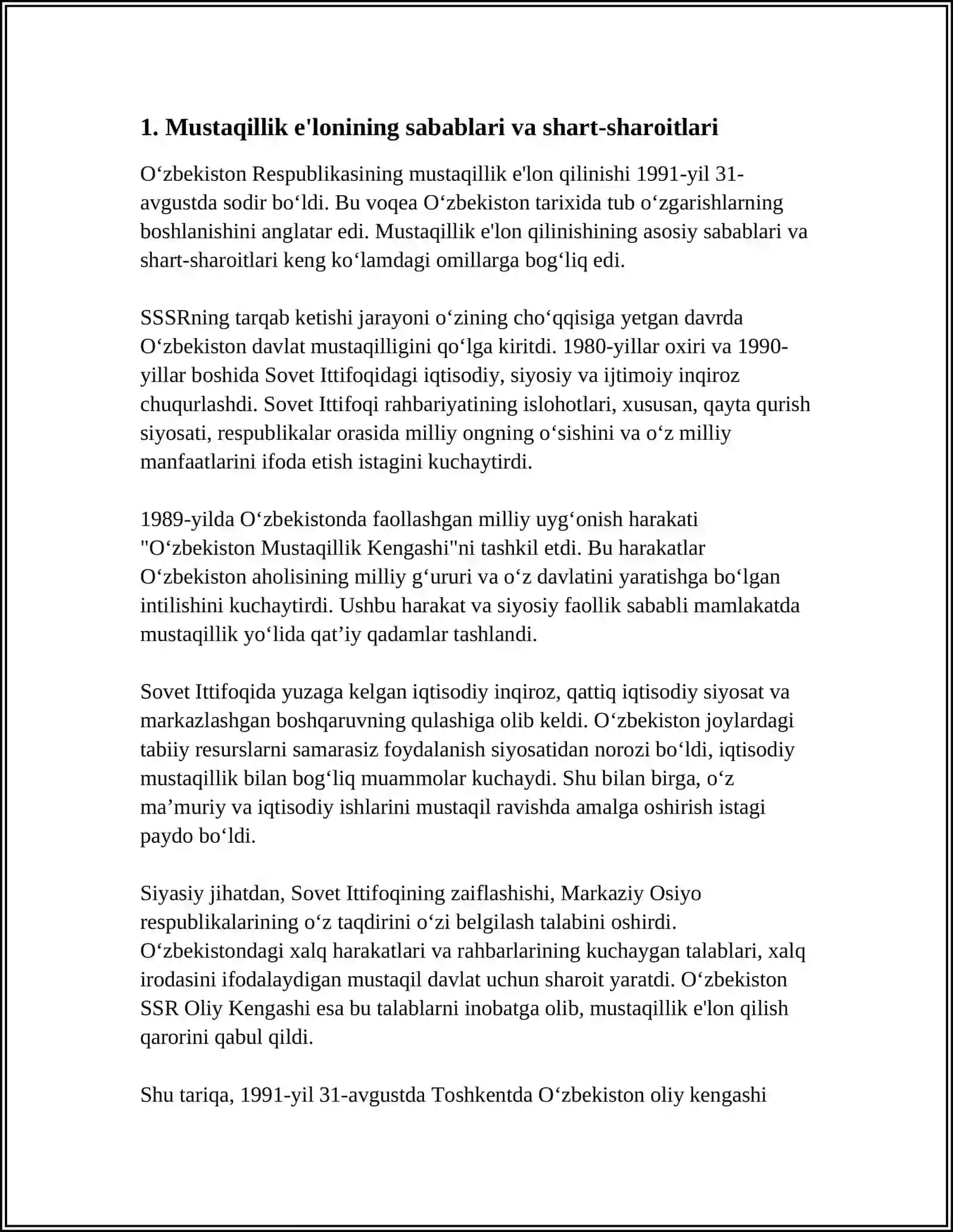 O‘ZBEKISTON RESPUBLIKASI OLIY TA’LIM FAN VA INNOVATSIYA VAZIRLIGI ANGREN UNIVERSITETI IQTISODIYOT VA XUQUQ FAKULTETI MUSTAQIL ISH MAVZU 4