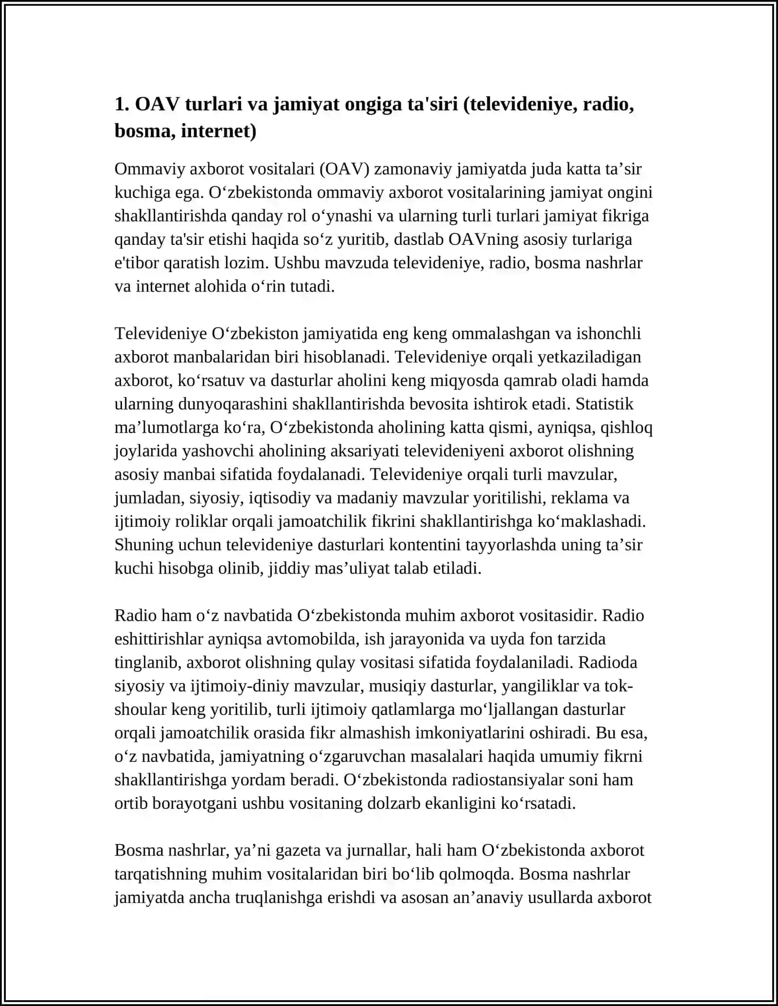 OAV va jamiyat ongi. Jamiyat fikrini shaklantirishda OAVning tasiri (O'zbekiston tajribasida) 4