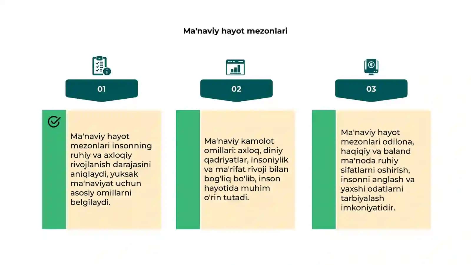 Ma'naviy hayot mezonlari. Ma'naviy kamolot omillari 4