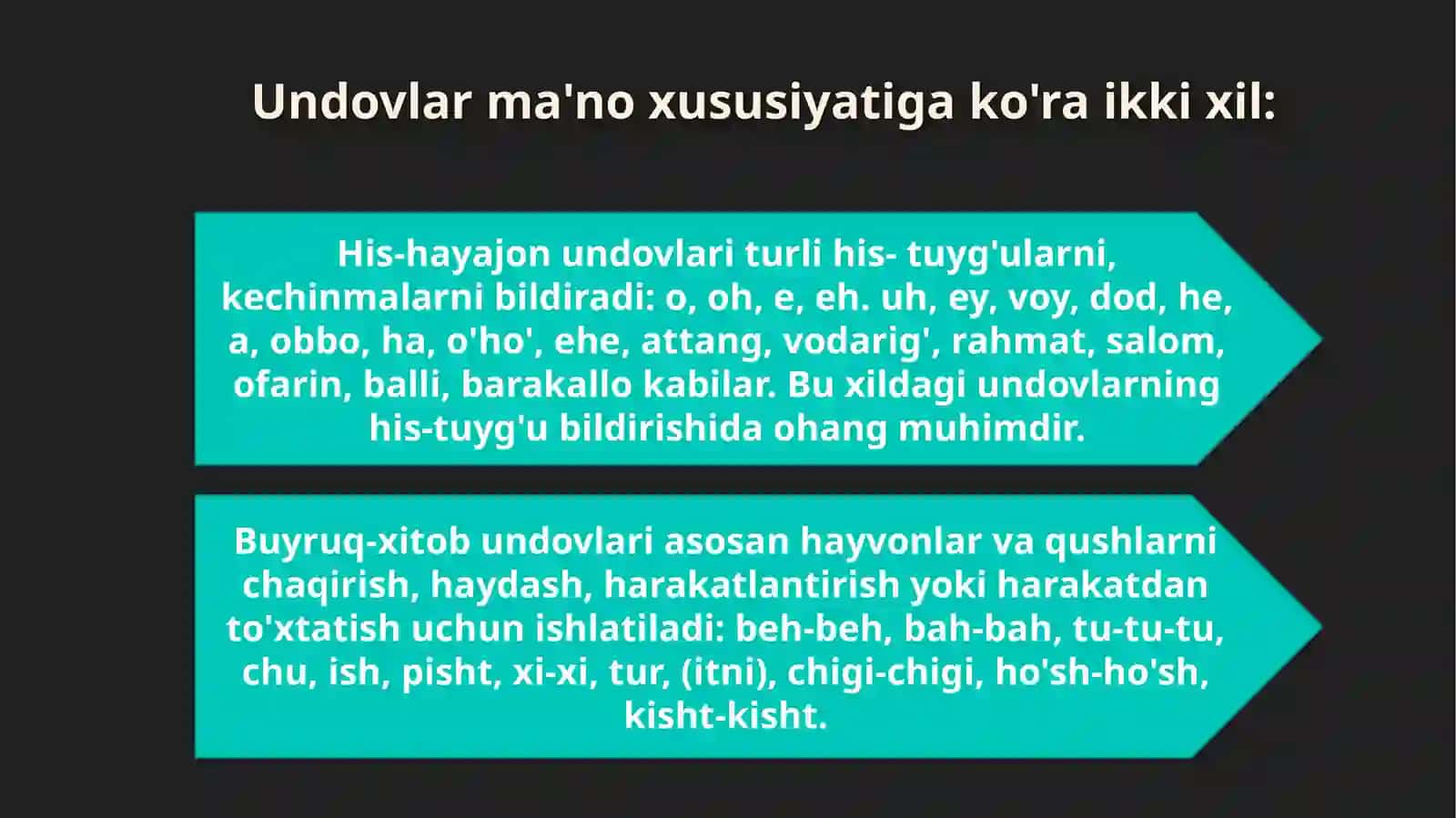 Alohida olingan so'zlar: Undov, taqlid, modal so'zlar 4