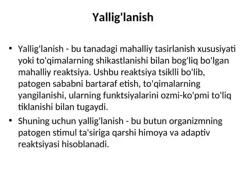 PATOLOGIK ANATOMIYA, 2 - ma’ruza "Yallig'lanish va reparatsiya. O'tkir va surunkali yallig'lanish" ass.:Турдиматов Д.С 4