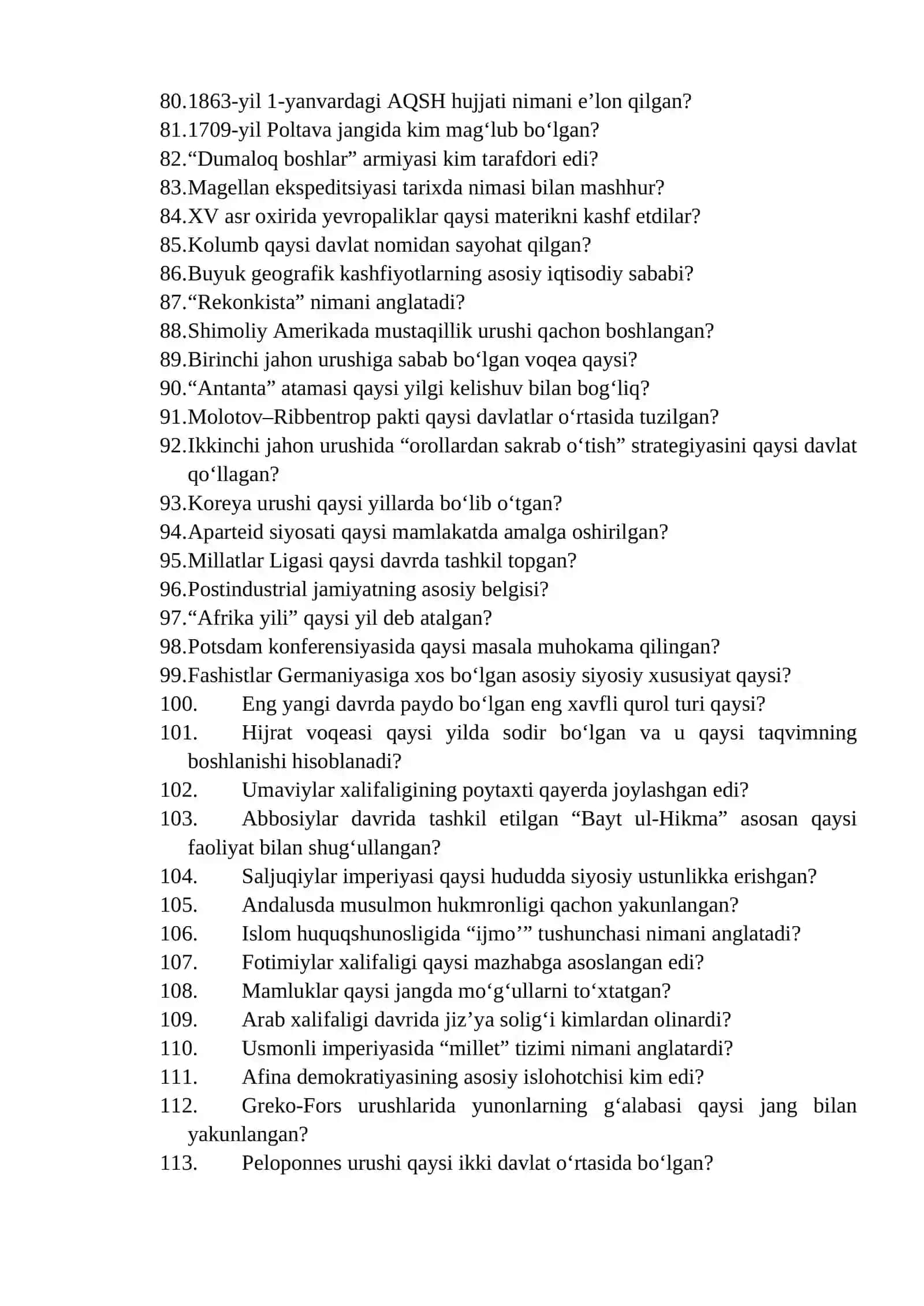 DUNYO TARIXI TESTLARI Talaba varianti 4