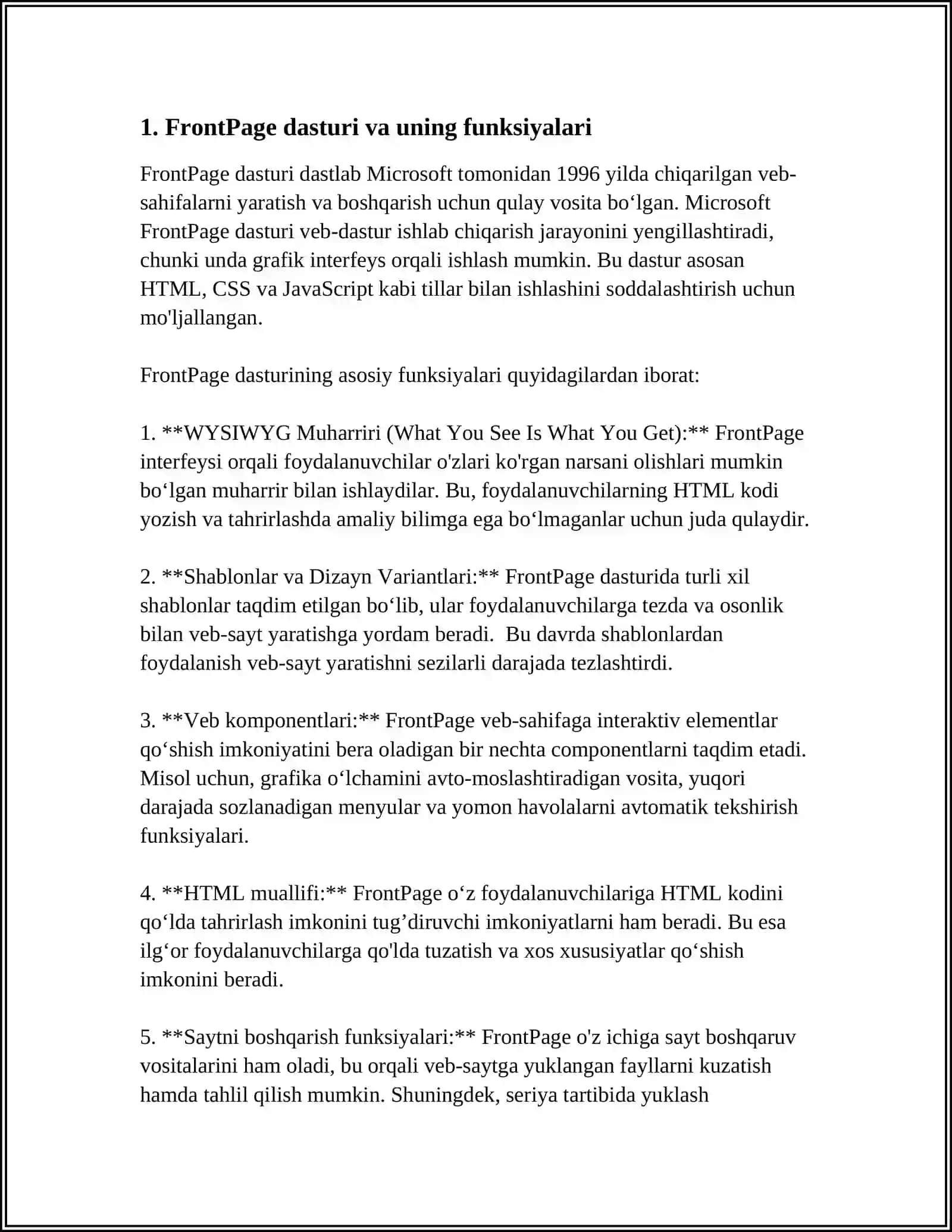WEB SAHIFALAR YARATISHNI AVTOMATLASHTIRISH VOSITALARI. FRONTPAGE DASTURI 4