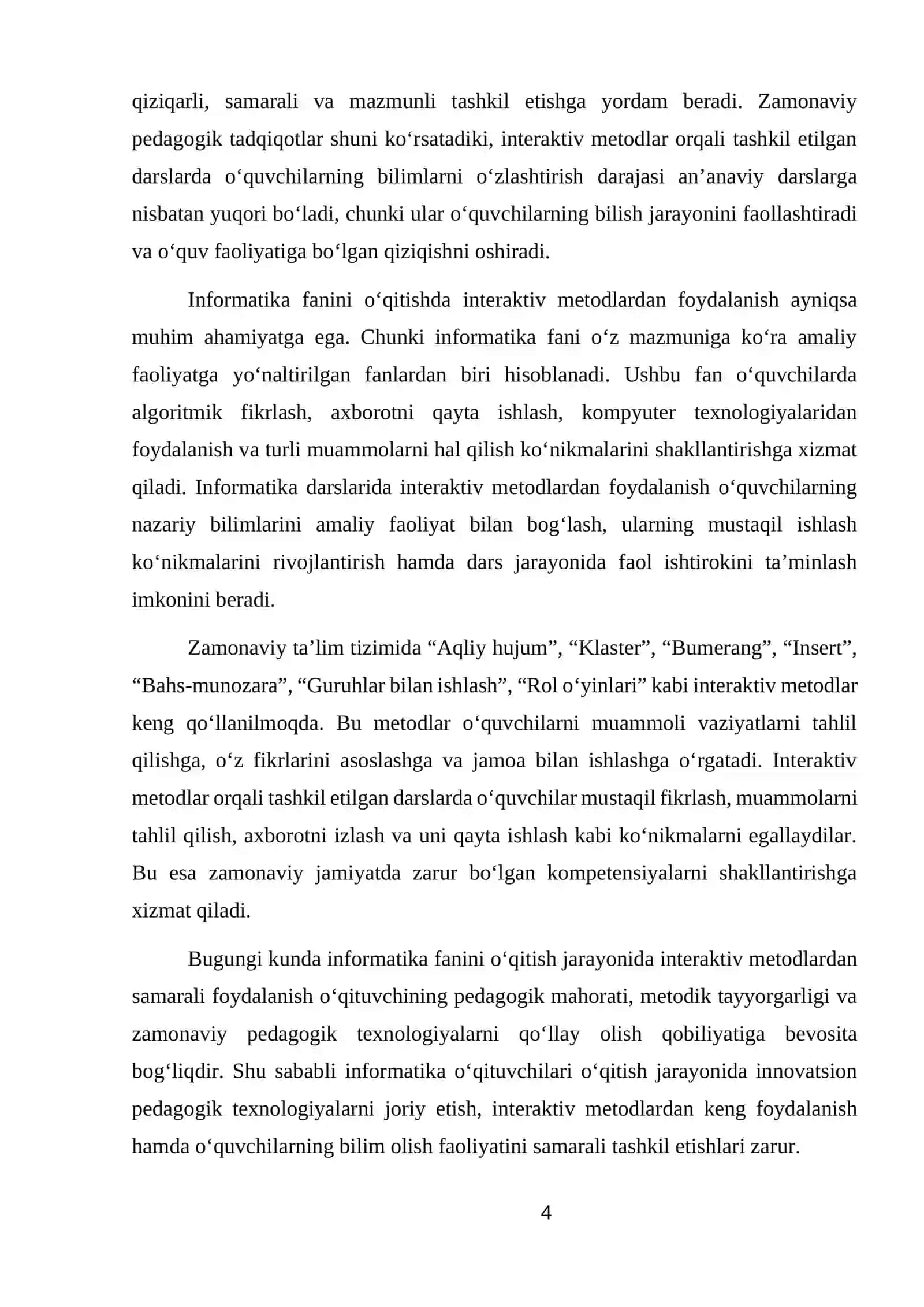 "Informatika fanini o‘qitishda interaktiv metodlardan foydalanish imkoniyatlari" 4