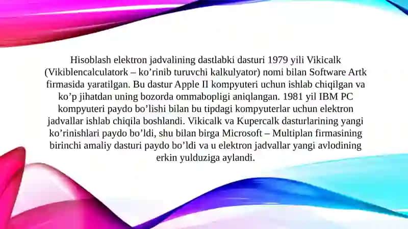 Elektron jadval protsessorlari, ularning vazifasi va imkoniyatlari (TAQDIMOT) 4