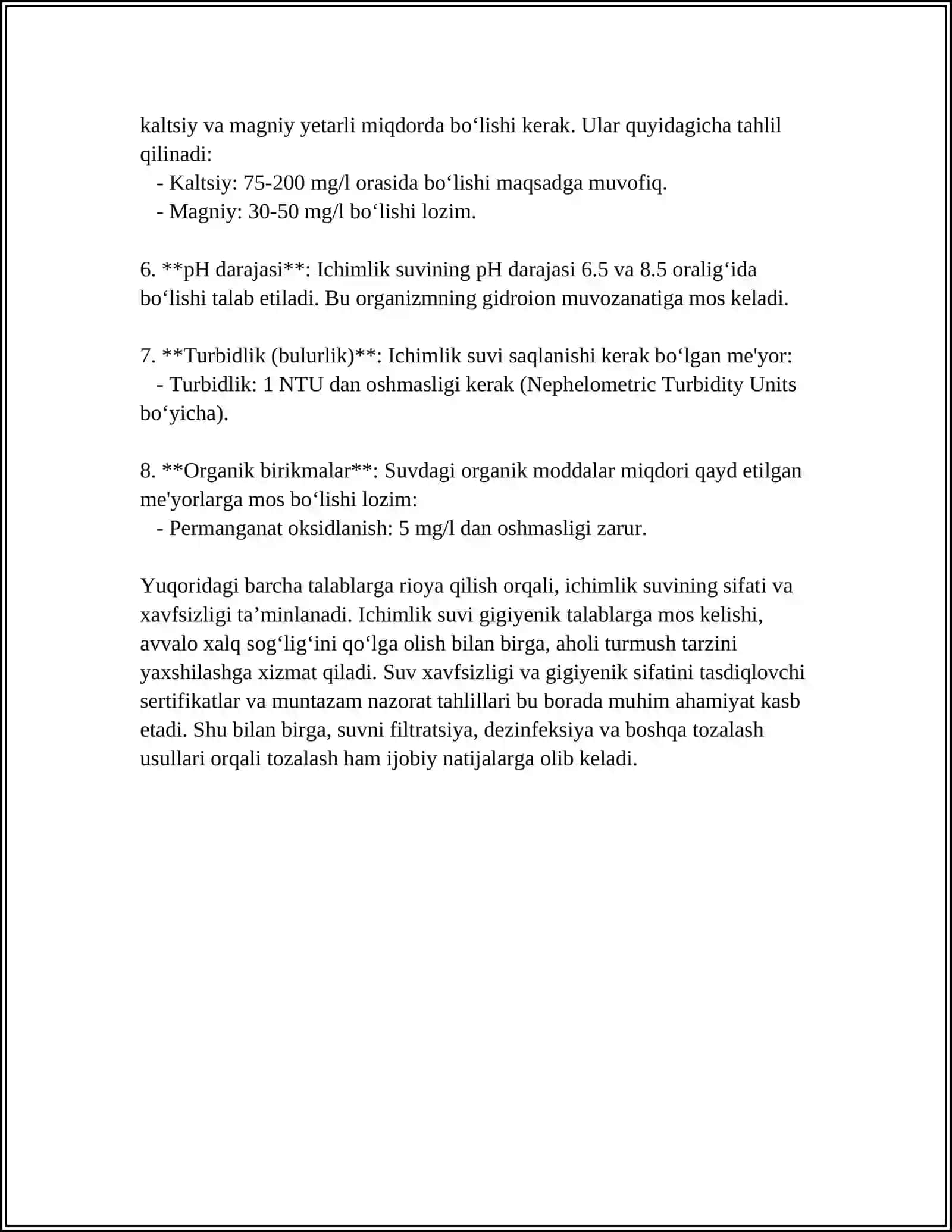 ICHIMLIK SUVIGA QO'YILADIGAN TALABLAR 4