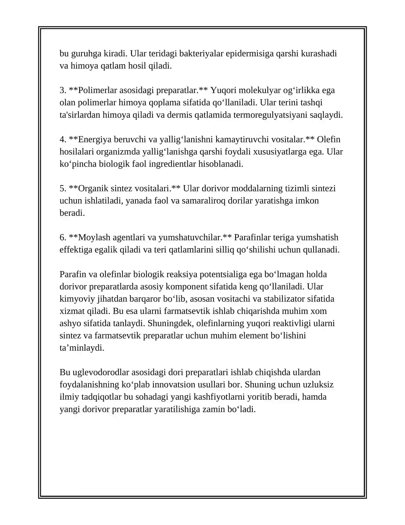 PARAFINLAR OLEFINLAR ASOSIDA OLINADIGAN DORI PRREPARATLARI 4