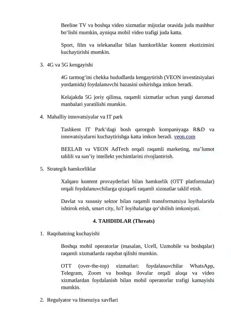 SWOT tahlili — Beeline Uzbekistan 4