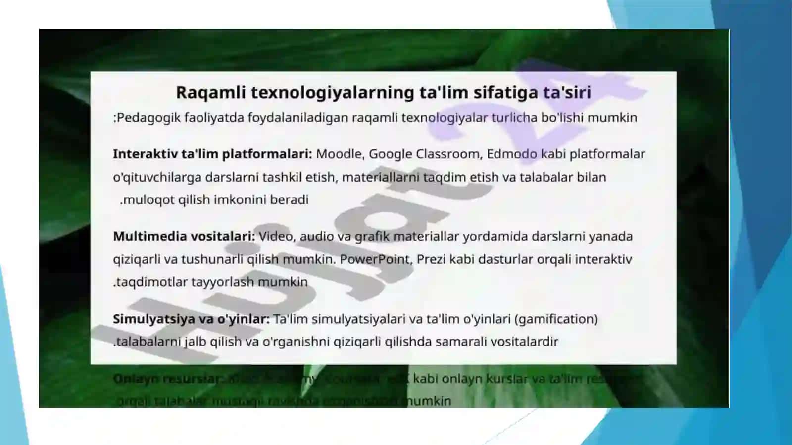 RAQAMLI PEDAGOGIKA BO‘YICHA O‘QITISHNI TASHKIL ETISH SHAKLLARI 4