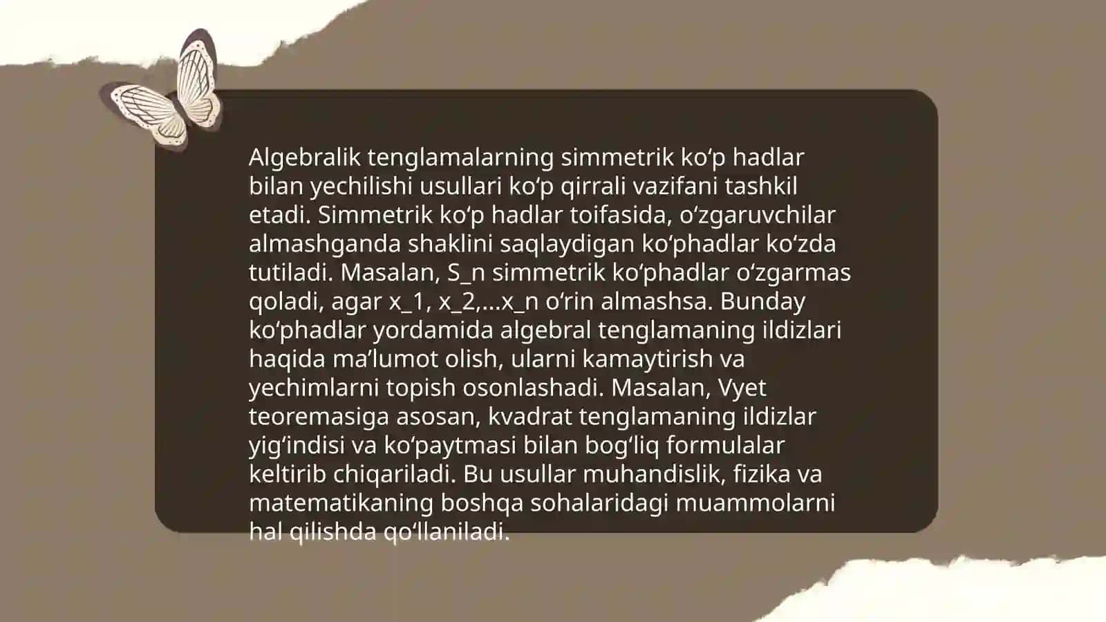 Simmetrik ko'p hadlarning tadbiqlari 4