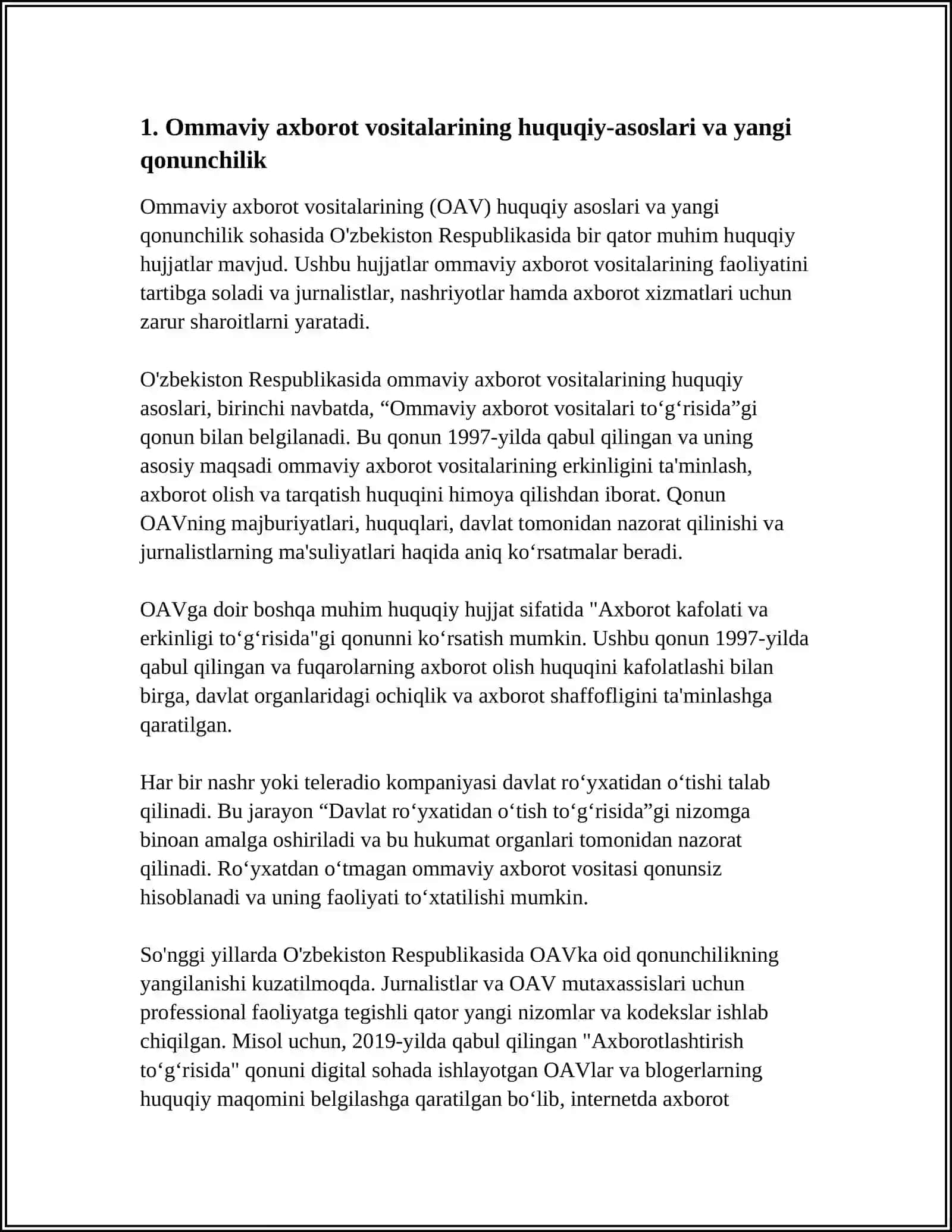 OʻZBEKISTON RESPUBLIKASIDA OMMAVIY AXBOROT VOSITALARINING FAOLIYATI (OʻZGARISH VA MUAMMOLAR) HAQIDA 4