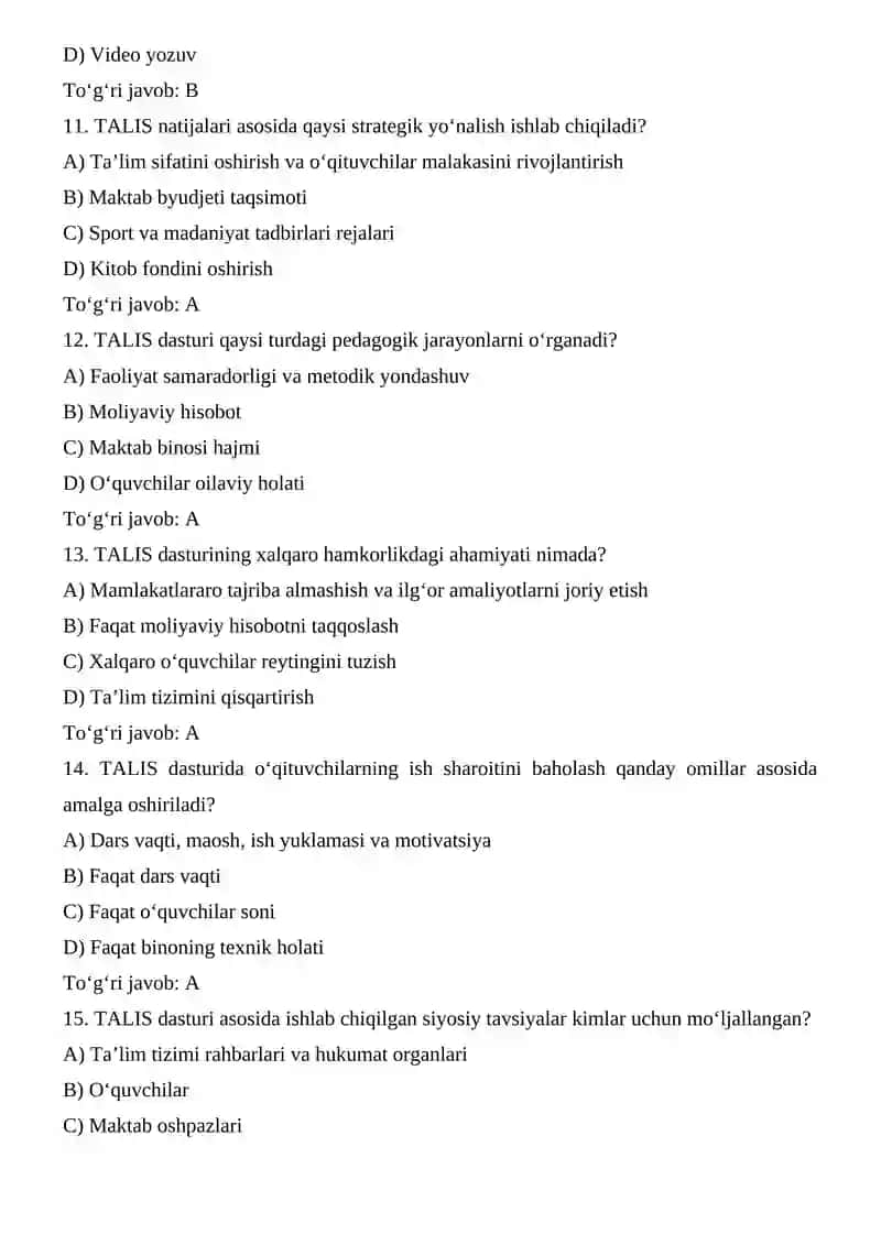 TALIS xalqaro baholash dasturi mazmun va mohiyati. test 4
