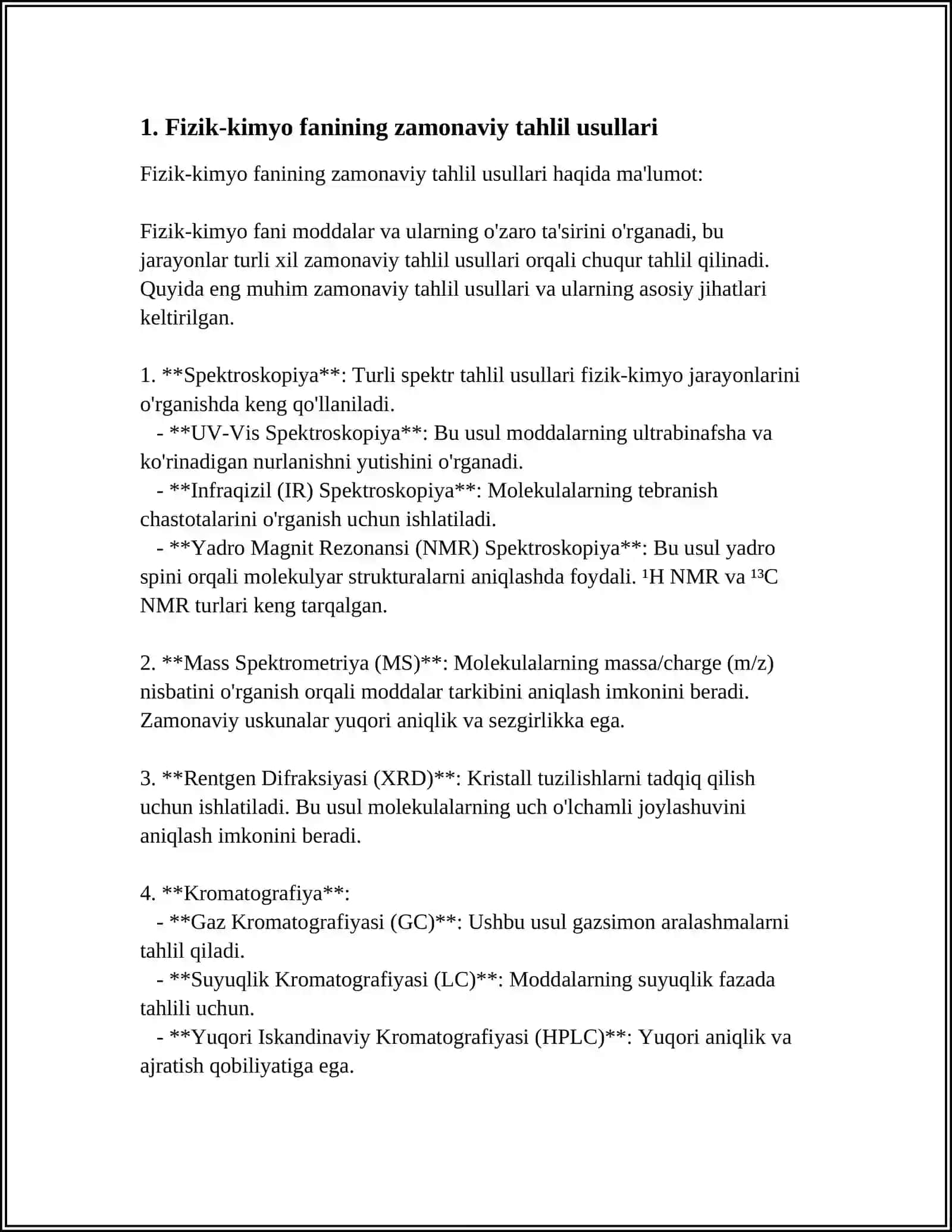 FIZIKAVIY KIMYO FANINING ZAMONAVIY TAHLIL USULLARINI OʻRGATISHDAGI HAMDA KIMYO TEXNOLOGIYA SOHALARIDA RIVOJLANTIRISHDAGI OʻRNI 4