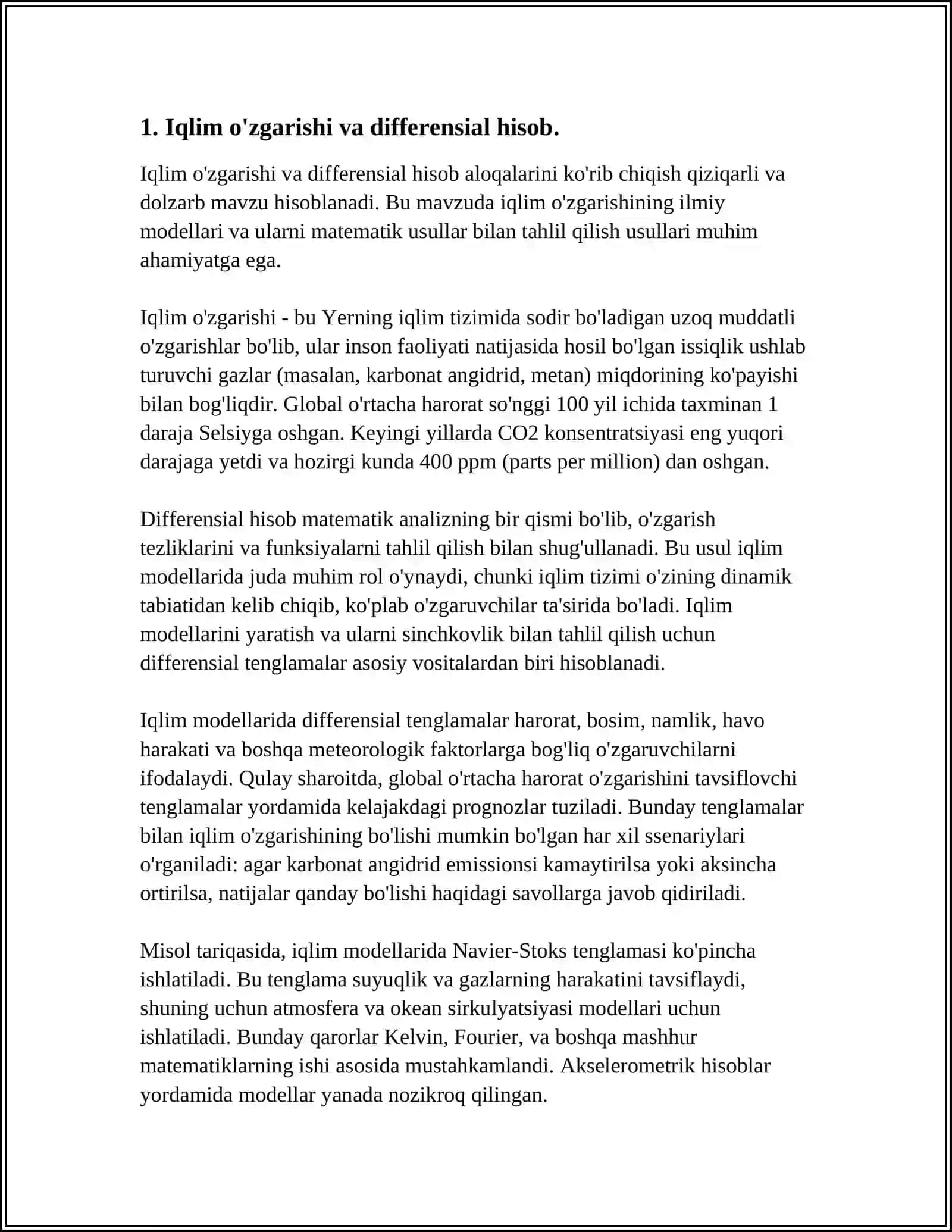MUSTAQIL ISH Mavzu: IQLIM VA OB-HAVO MODELLASHTIRISHDA DIFFERENSIAL HISOB TADBIQLARI 4