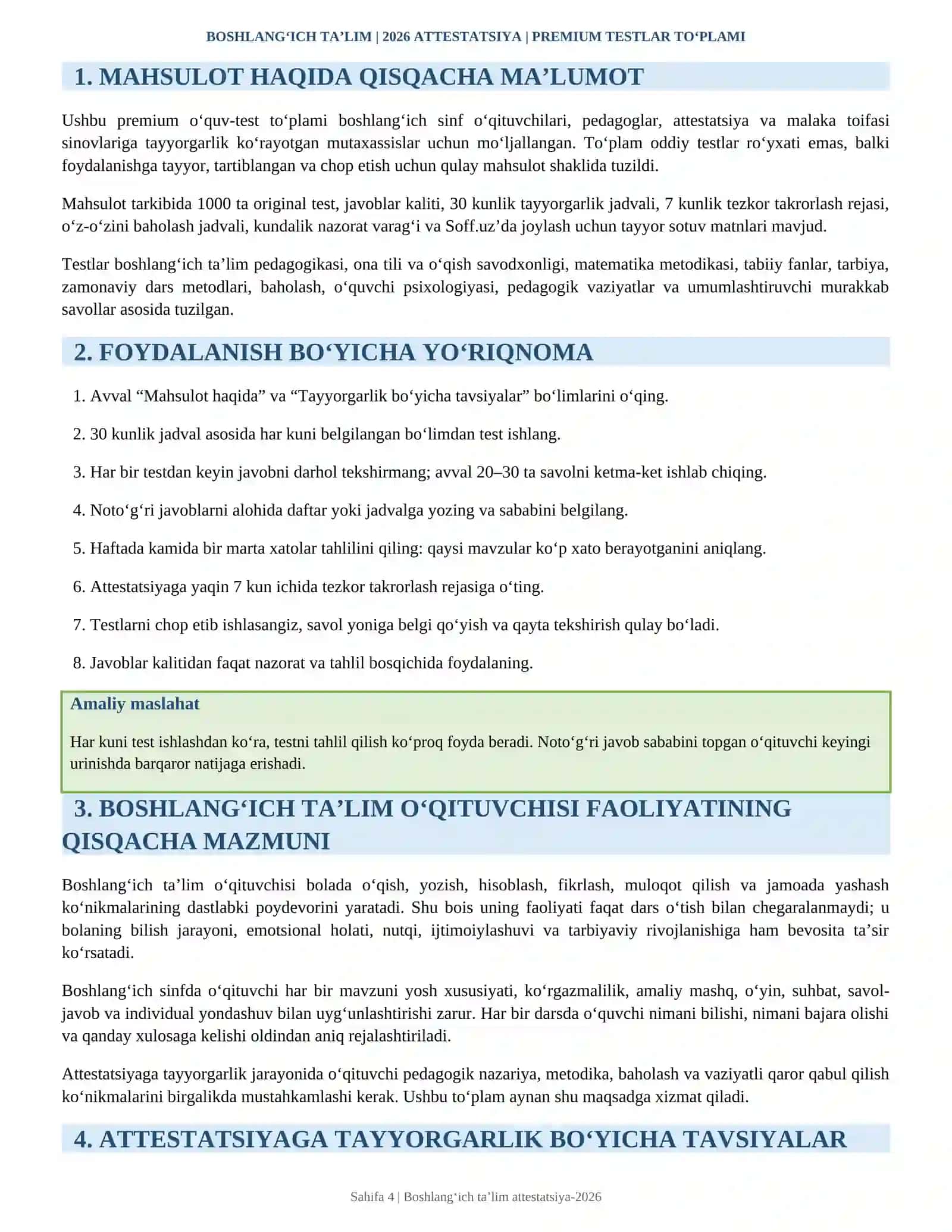 Maktabgacha ta’lim tarbiyachilari uchun 2026 attestatsiyaga tayyor premium testlar to‘plami: 1000 ta test, javoblar kaliti va 30 kunlik tayyorgarlik jadvali bilan 4