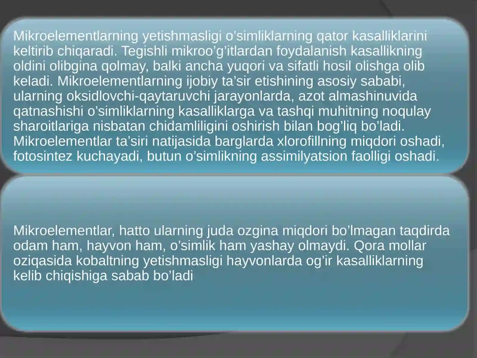MIKROELEMENTLARNINGOʻSIMLIKLARHAYOTIDAGI AHAMIYATI 4