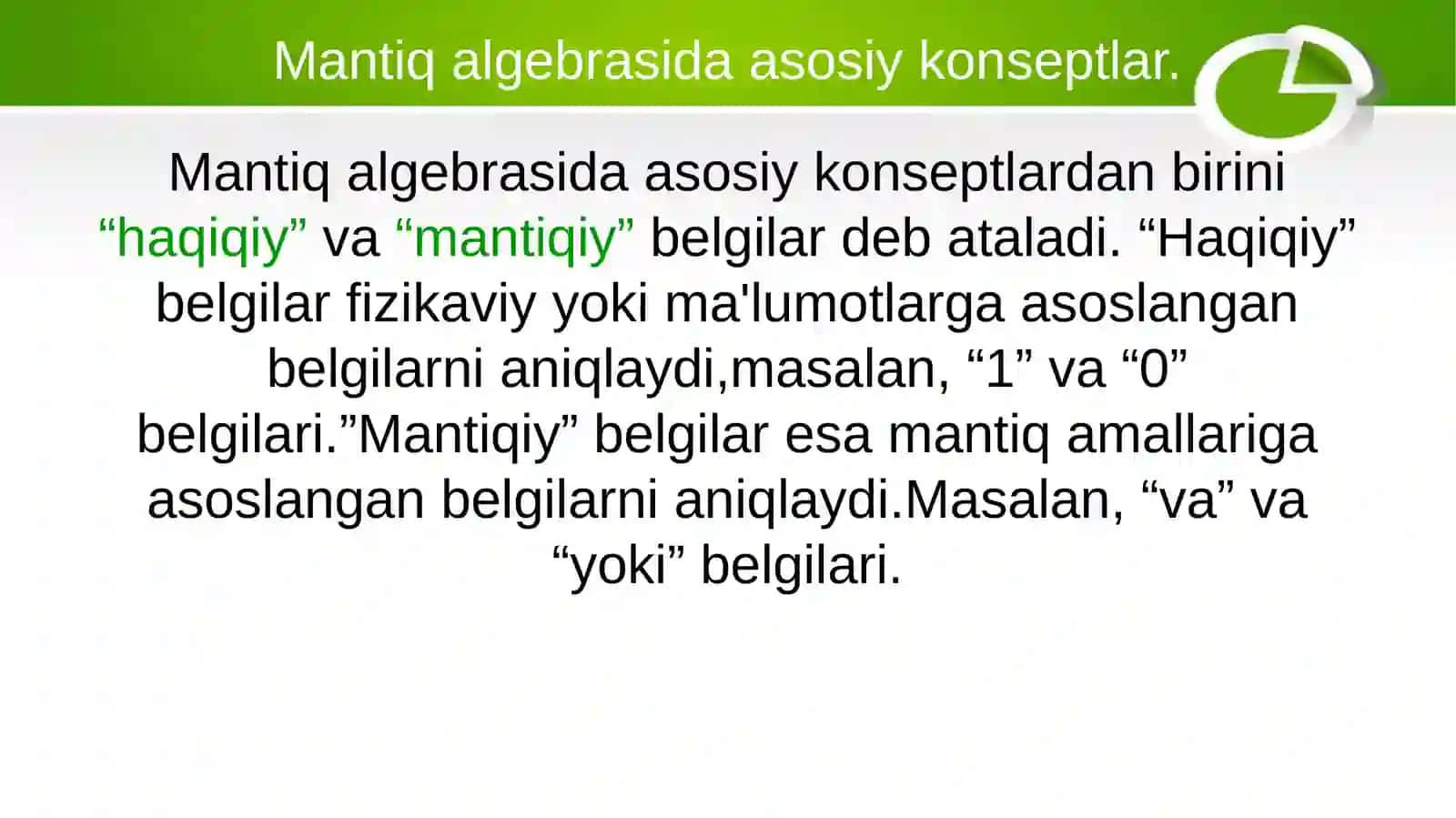 Mantiq algebrasida oddiy operatsiyalar va munosabatlar 4