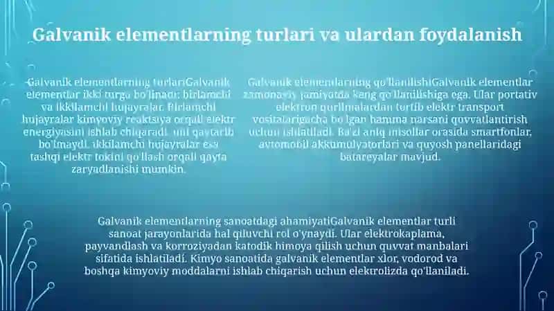 Galvanik Elementlarning Xalq Xo'Jaligidagi Ro'Li 4