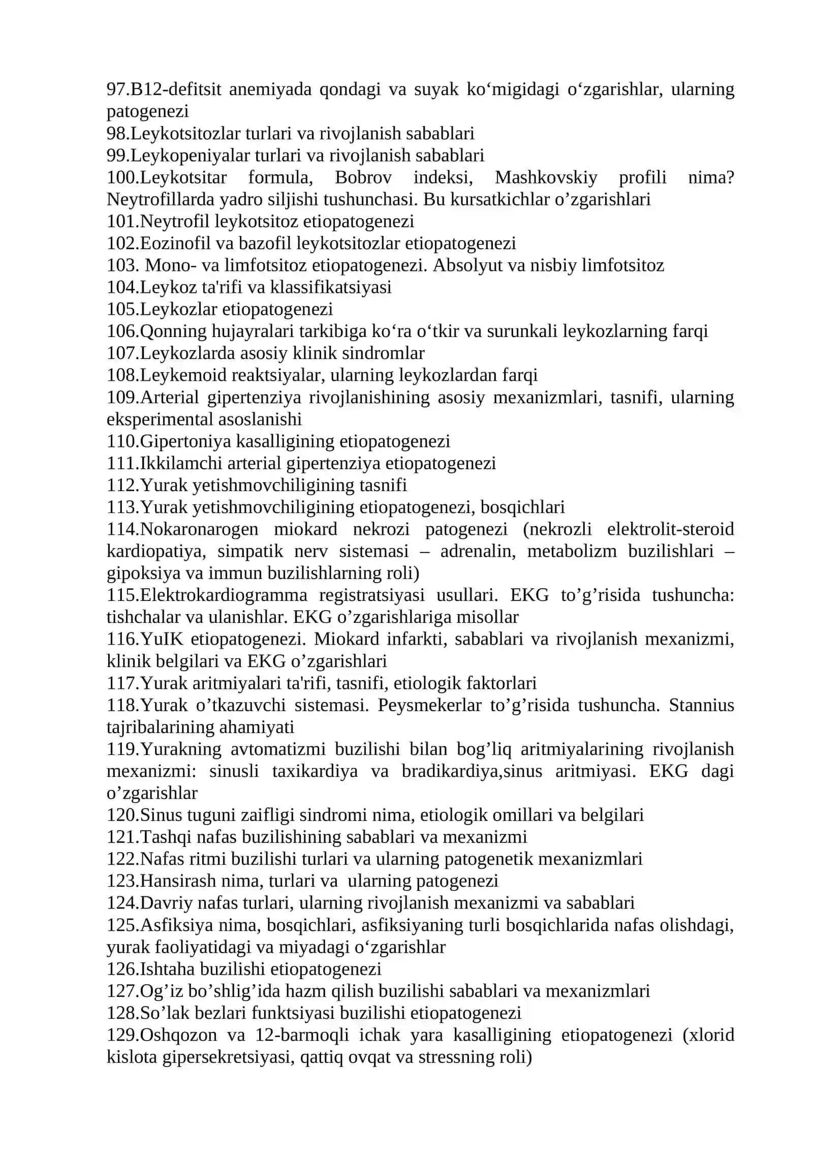 Patologik fiziologiya fanidan 3-kurs Stomatologiya fakulteti talabalariga o‘tkaziladigan og’zaki – so’rov nazorat savollari 4