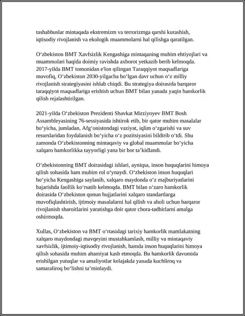 OʻZBEKISTONNING BMT BILAN HAMKORLIK ALOQALARI 4