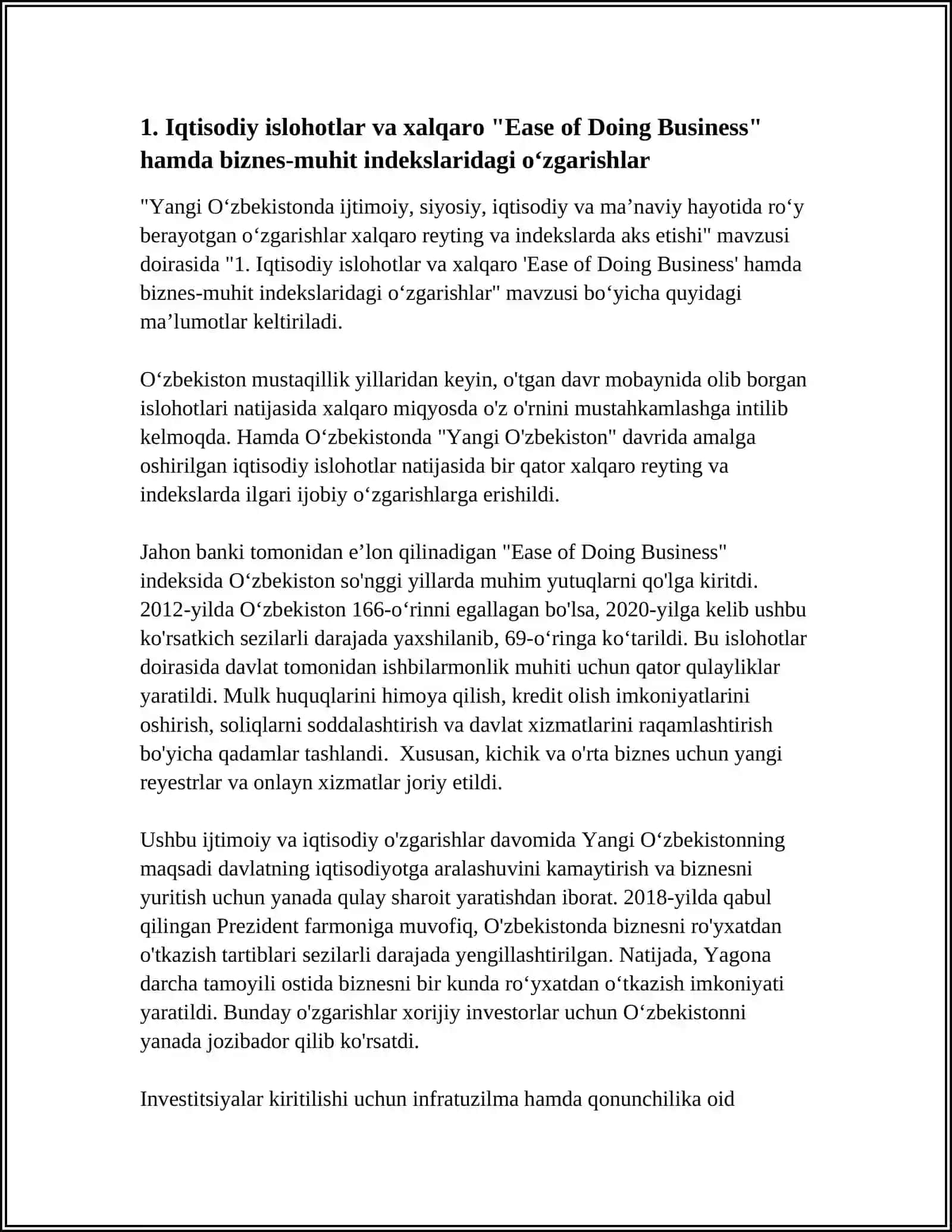 YANGI OʻZBEKISTONDA IJTIMOIY -SIYOSIY IQTISODIY VA MAʼNAVIY HAYOTIDA ROʻY BERAYOTGAN OʻZGARISHLARNI XALQARO REYTING VA INDEKSLARDA AKS ETISHI 4