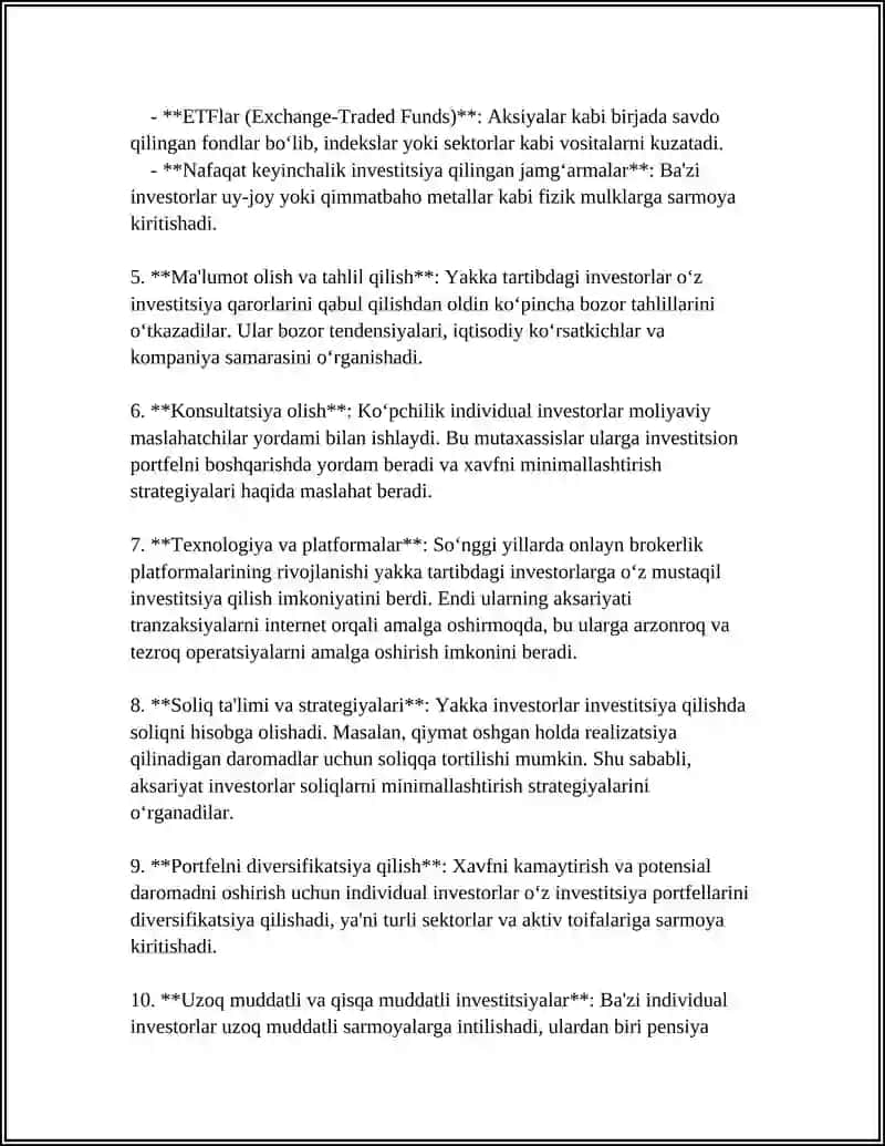 INVESTOR VA ULARNING TURLARI 4