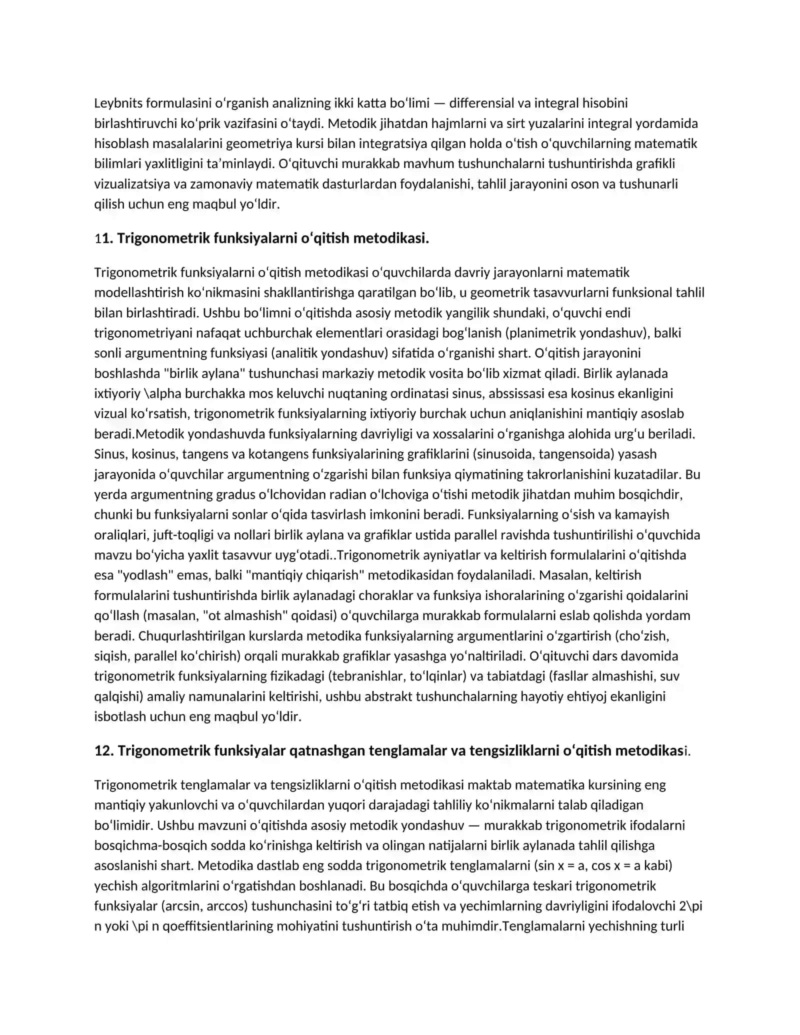 Matematika o‘qitish metodika qisqa savollarga qisqa javoblar 4