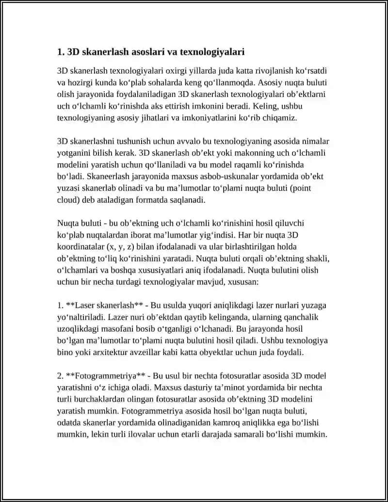 3D SKANERLASH VA NUQTA BULUTI ISHLOV BERISH TIZIMLARI 4