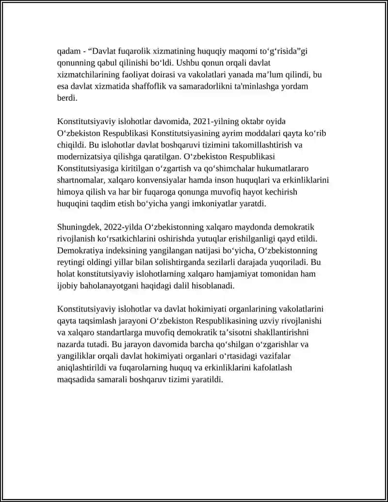 MUSTAQILLIK YILLARIDA DAVLAT BOSHQARUVI TIZIMIDA AMALGA OSHIRILGAN ISLOHATLAR 4