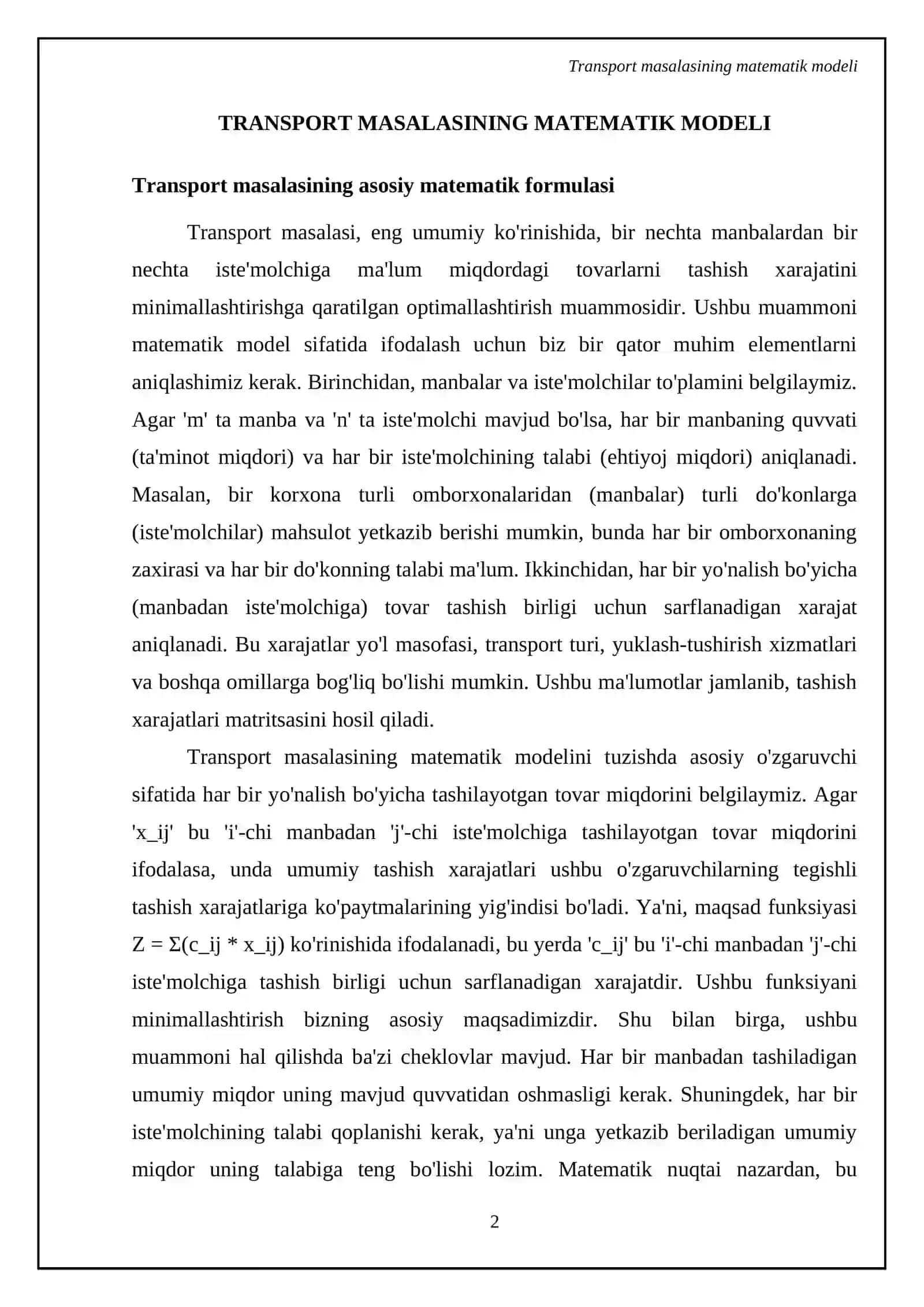 Transport masalasining qo'yilishi va yechishning usulariga doir tatqiqot ishini bajarish 4