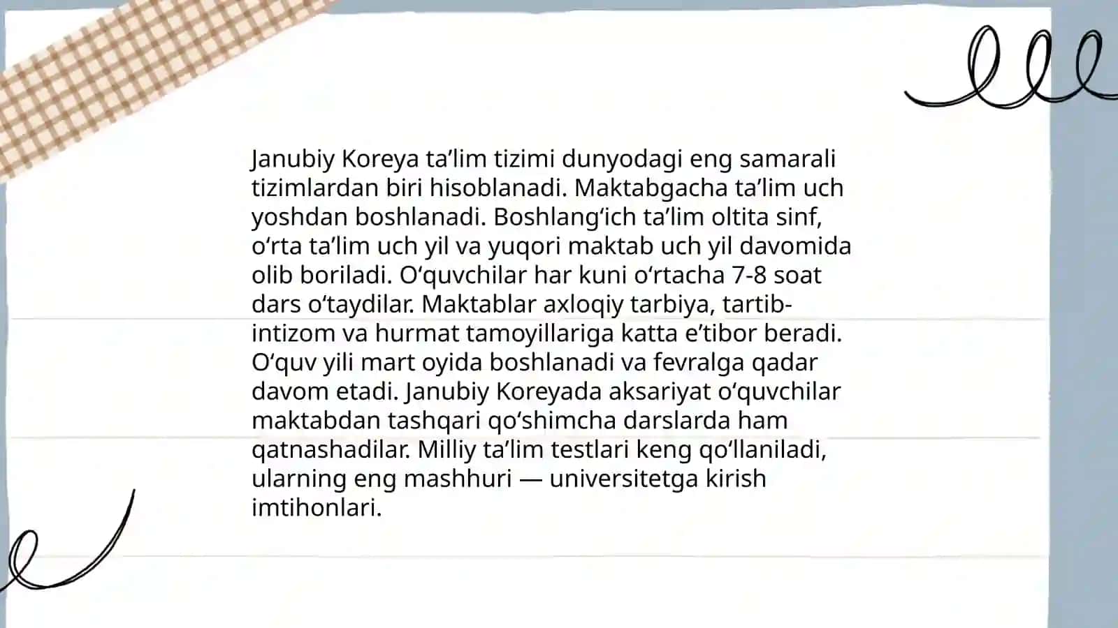 Osiyo mamlakatlarida taʼlim -tarbiya jarayonining oʻziga xos xususiyatlari. Yaponiya, Shimoliy va Janubiy Koreyadagi taʼlim tizimi va undagi muammolar 4