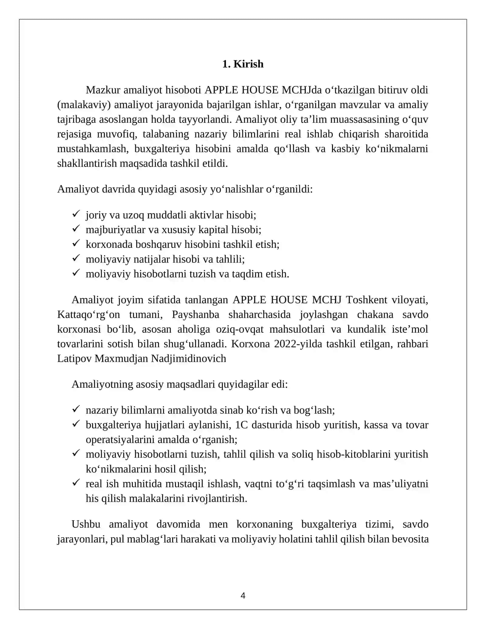 APPLE HOUSE MCHJ . CHAKANA SAVDO. AMALIYOT HISOBOTI. 4